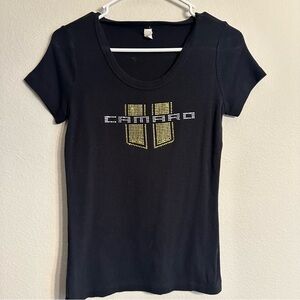 LADIES CAMARO TSHIRT BLACK/YELLOW RHINESTONES RALLY STRIPES MEDIUM